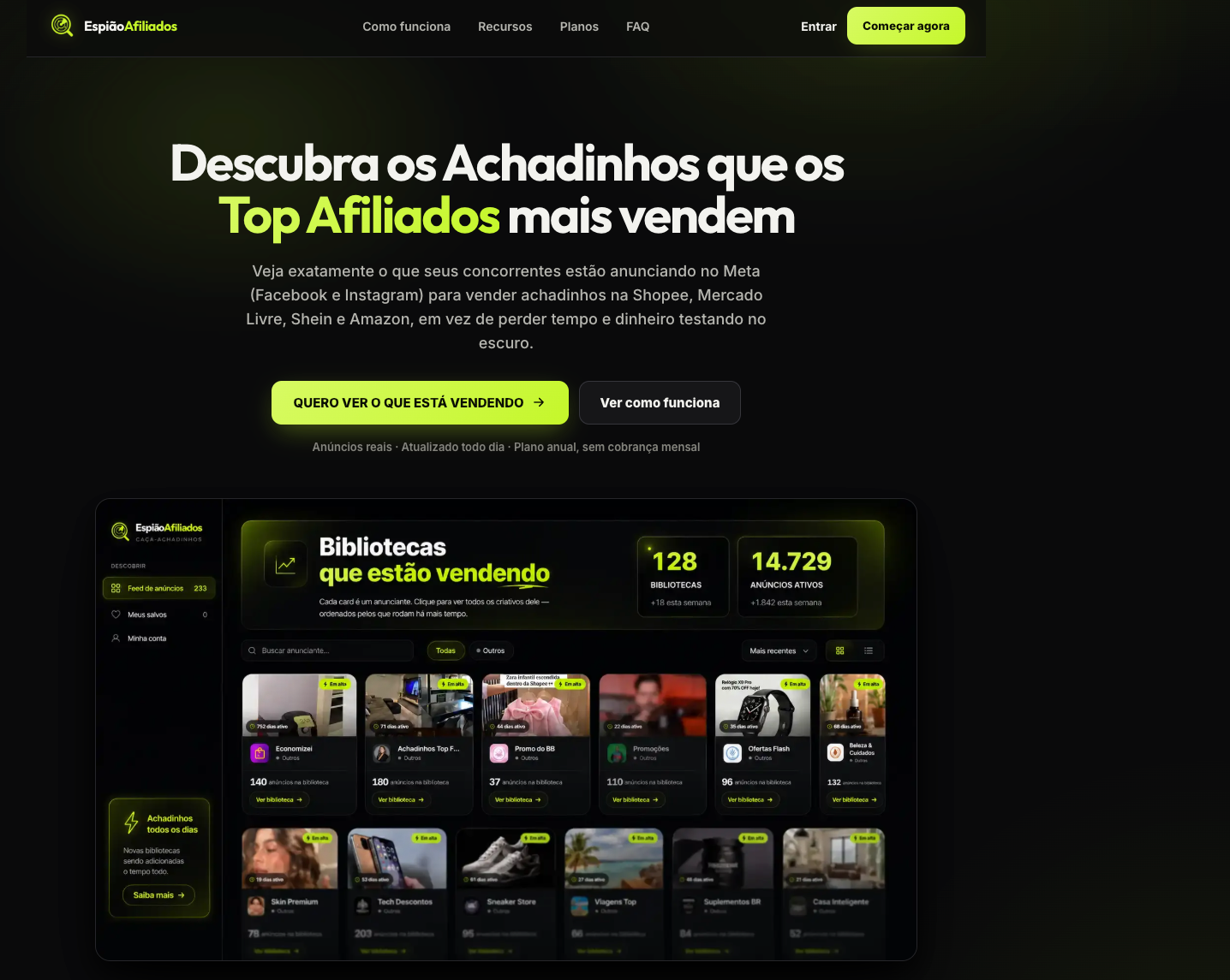 Interface do Espião Afiliados com bibliotecas de anúncios de afiliados e seus criativos.