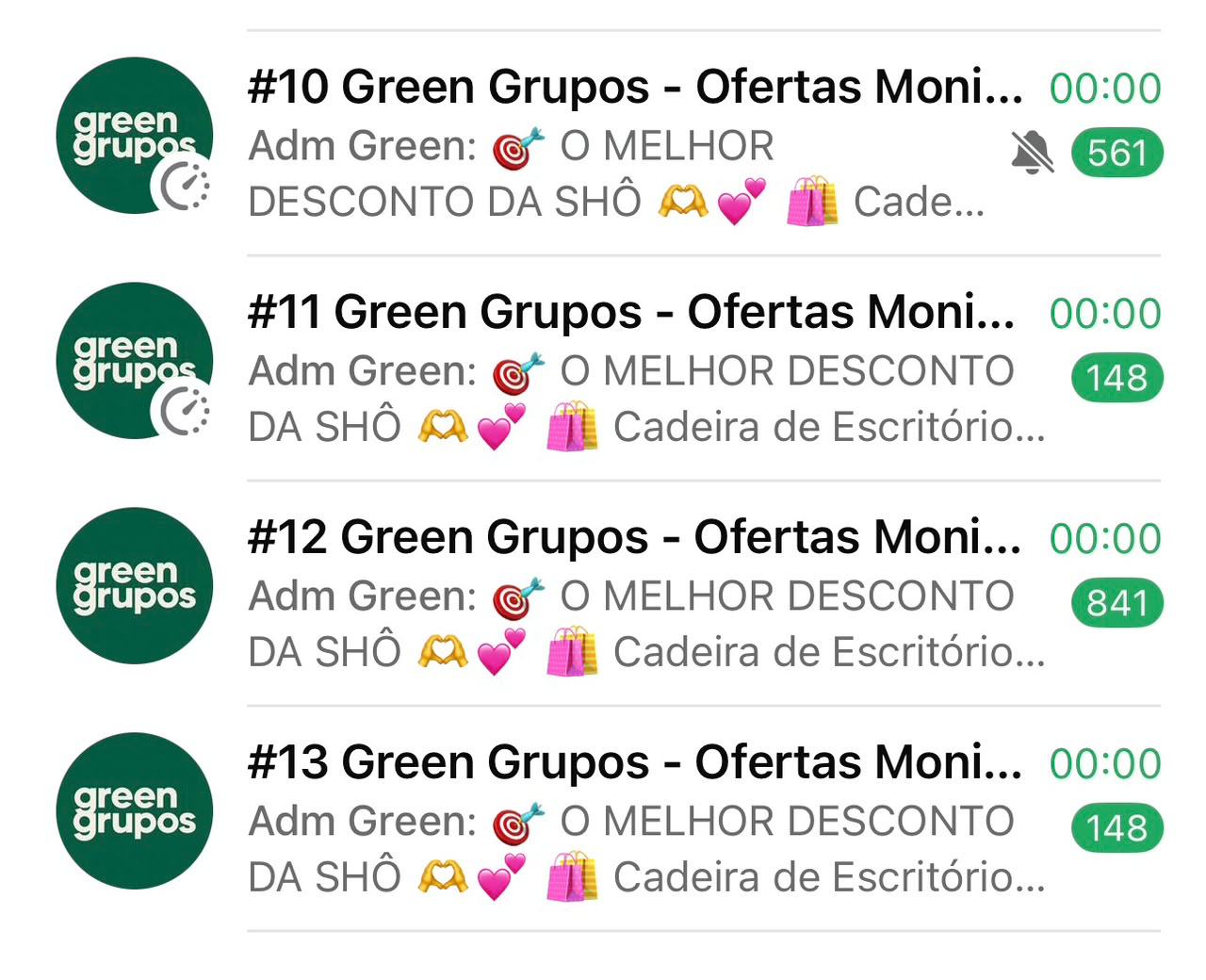 Lista de grupos de ofertas Green Grupos no WhatsApp, com mensagens de divulgação de produtos.