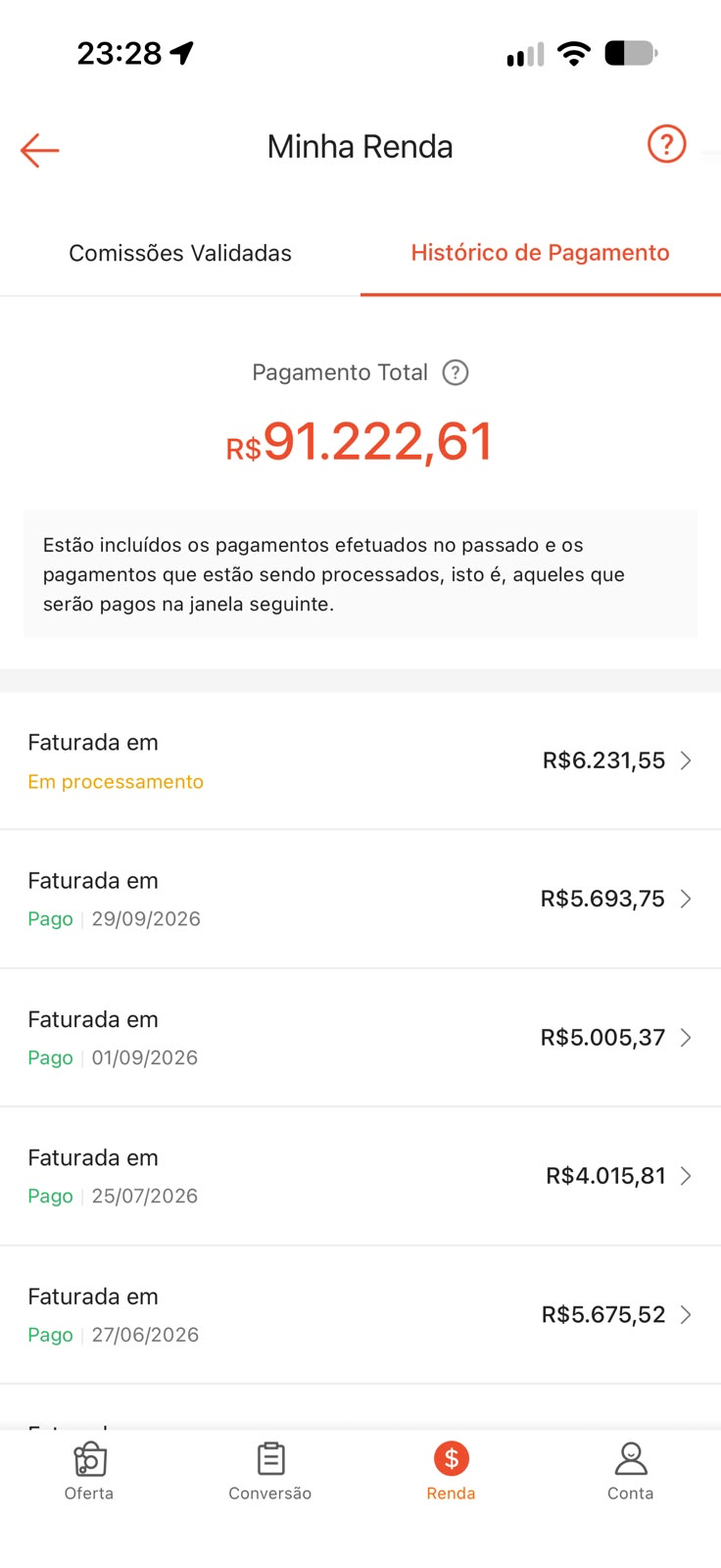 Print do histórico de pagamento da Shopee, com pagamento total de R$91.222,61 e valores pagos e em processamento.