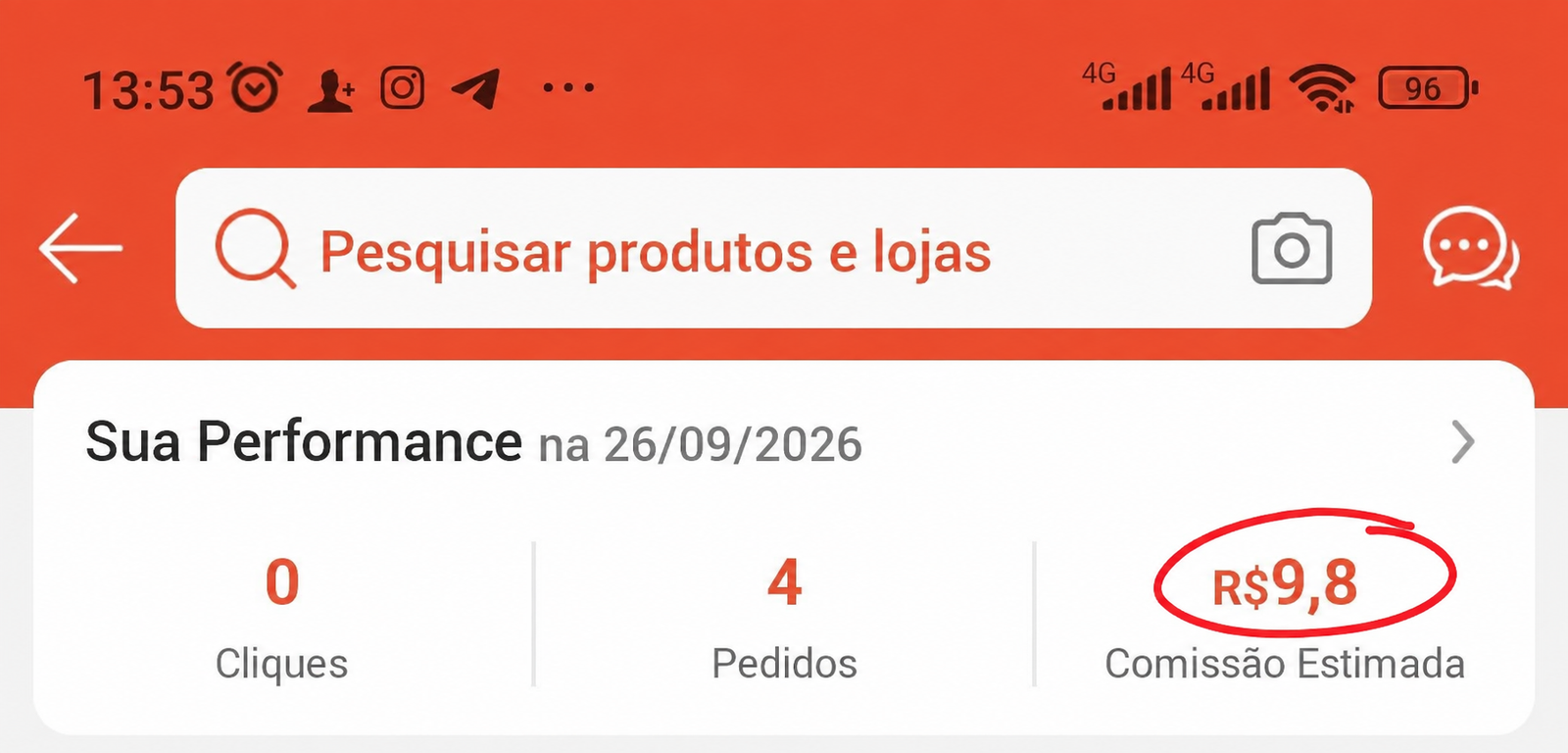 Print da performance na Shopee em 26/09/2026: 0 cliques, 4 pedidos e comissão estimada de R$9,8 destacada com um círculo vermelho.